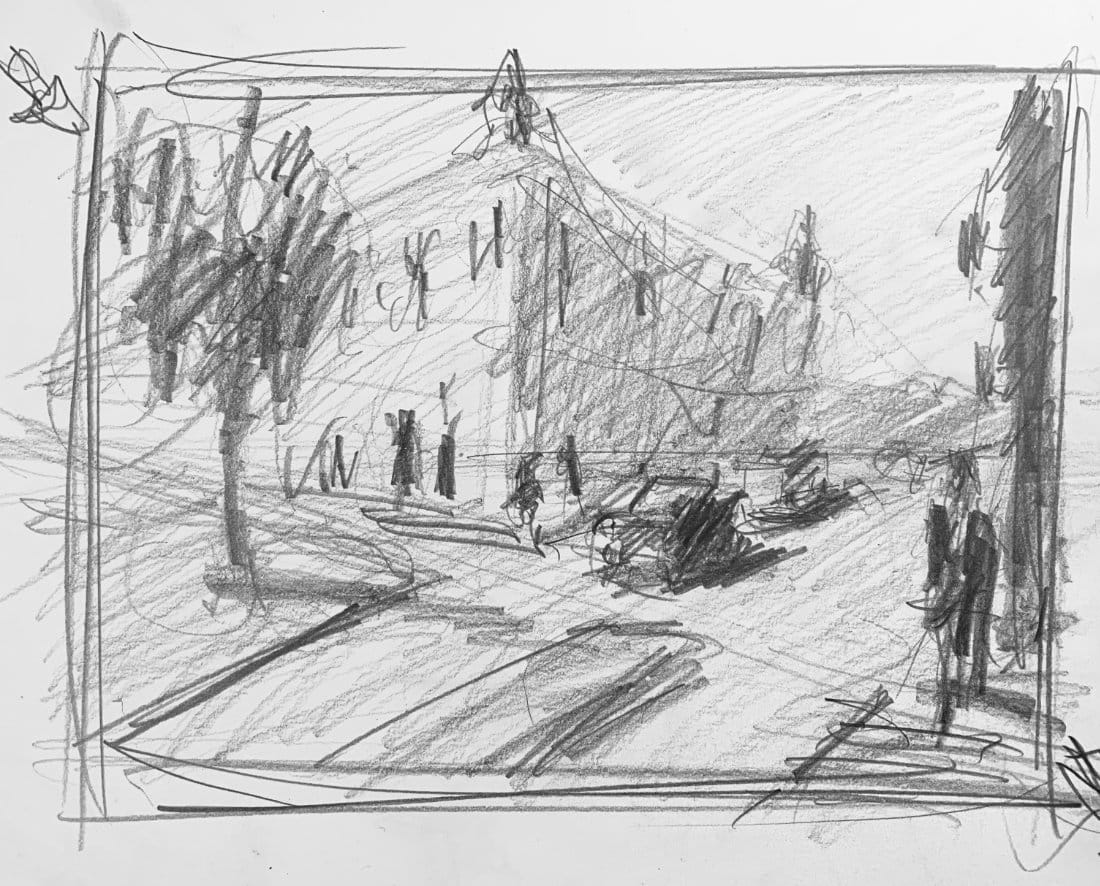 Value hierarchy demonstration applied to complex street scene with buildings, cars, and figures showing grayscale value planning, drawing by Robert Joyner