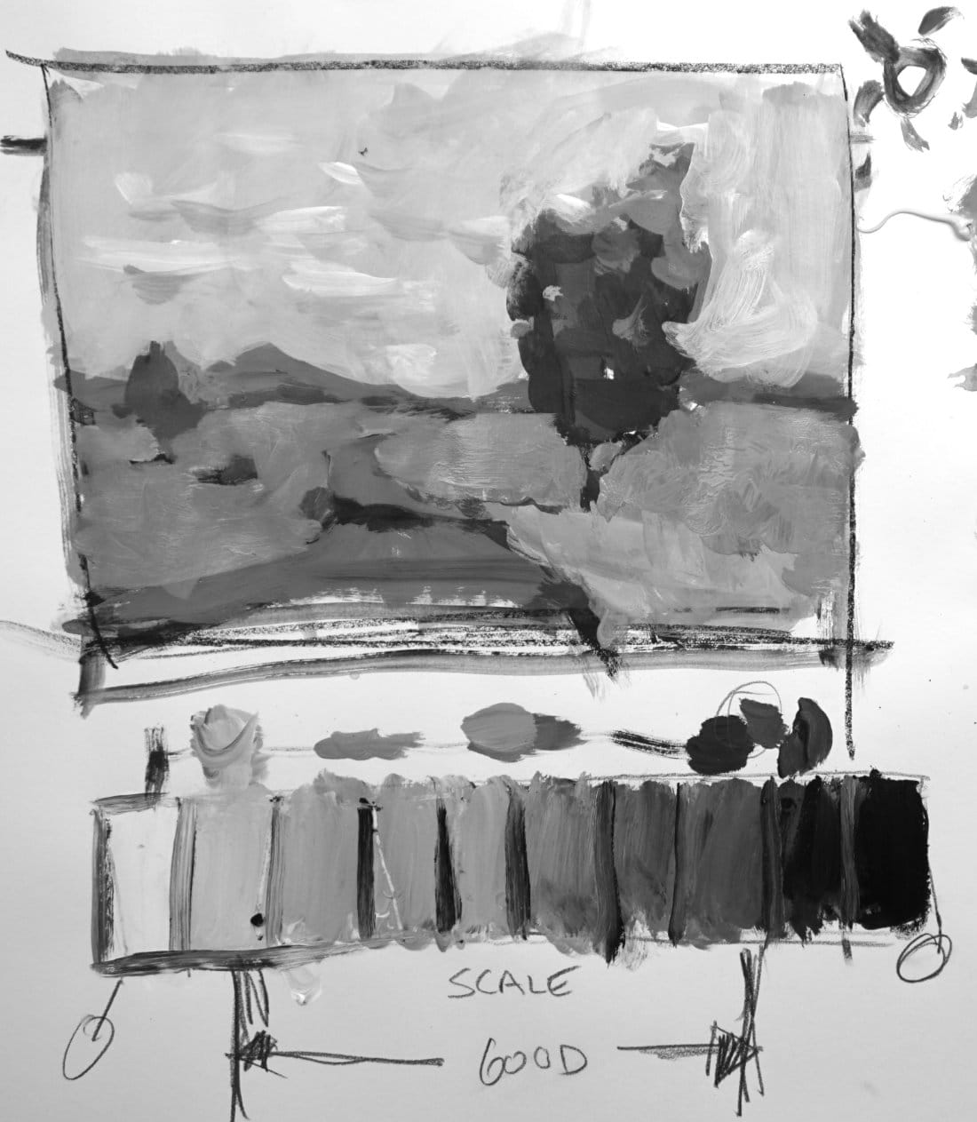 Value hierarchy demonstration showing completed grayscale landscape painting with tree, hills, sky and road using 7-value plan with value scale reference for acrylic fundamentals course