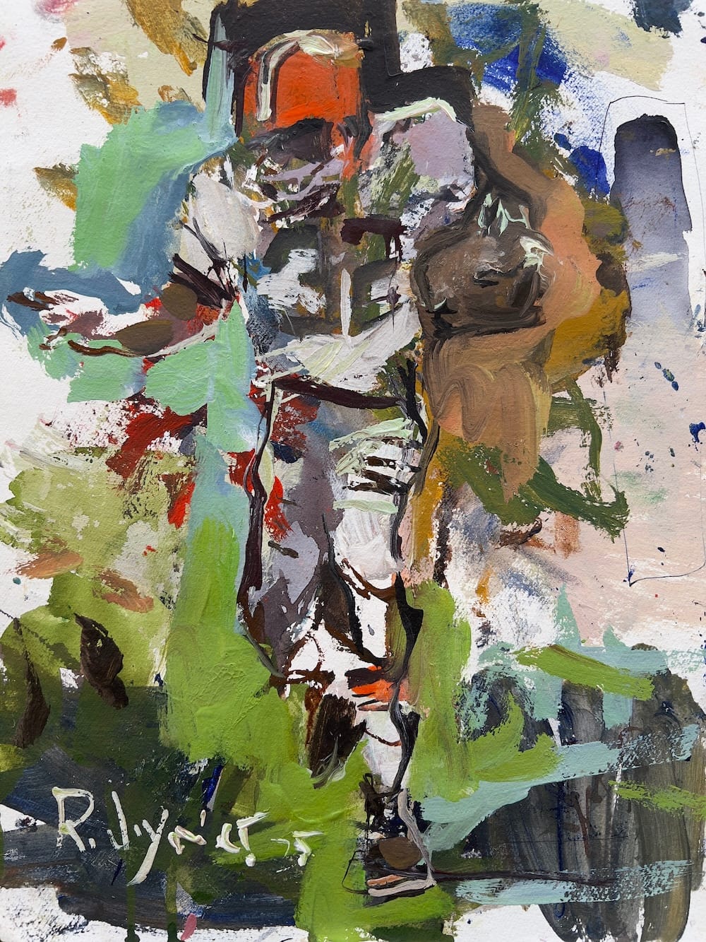 Loose acrylic painting of Cleveland Browns team action with strong movement, abstract shapes, and classic orange-and-brown uniforms.