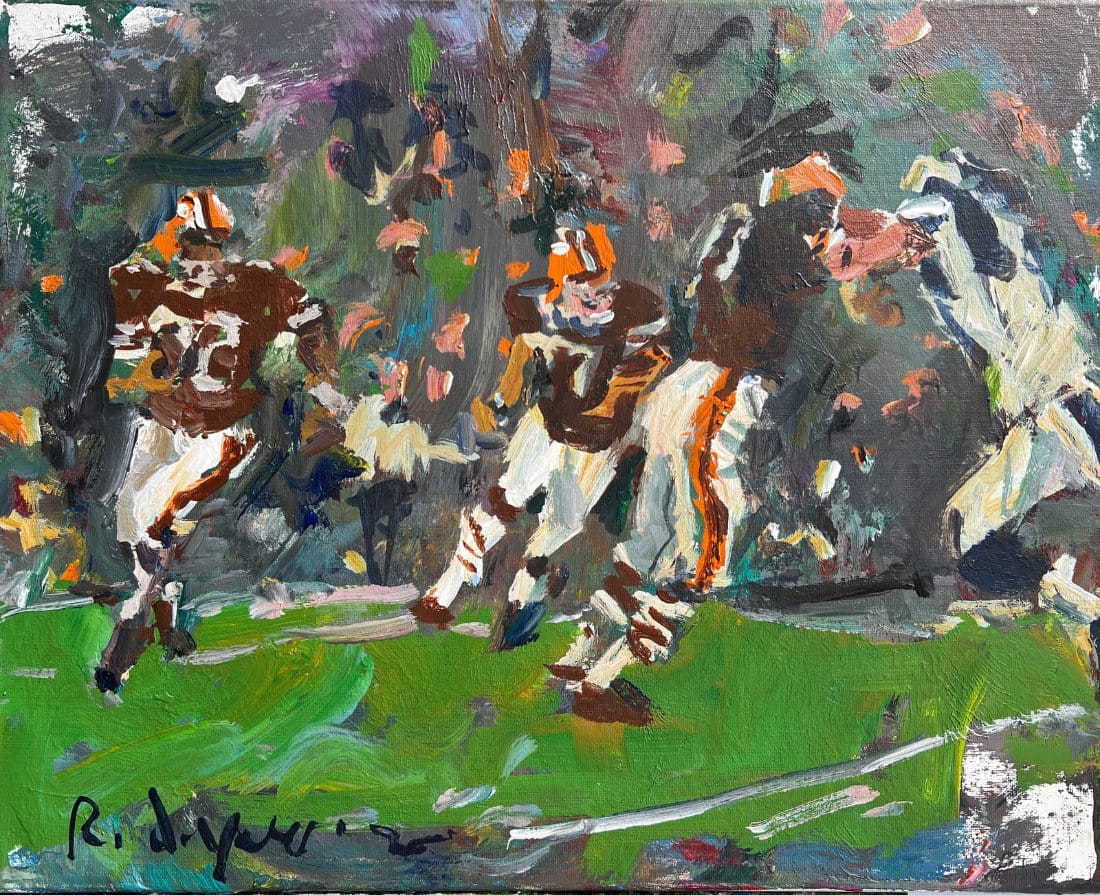 Acrylic painting of Cleveland Browns legend Jim Brown running through defenders, painted in a loose, bold, expressive style.
