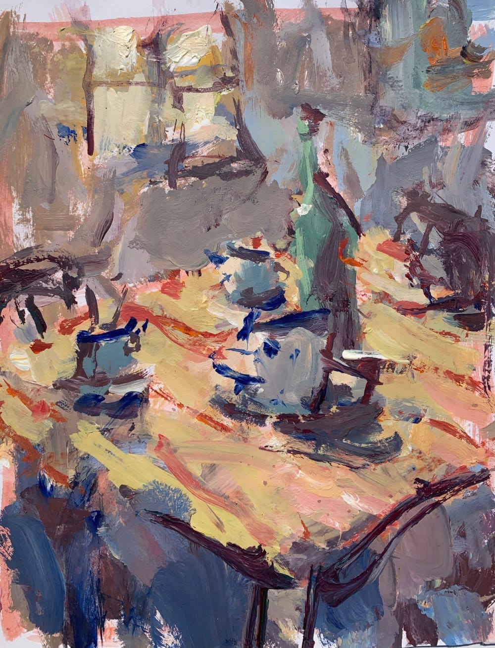 Painterly acrylic still life of a table scene with bottle, cups, and chairs in expressive brushstrokes and soft layered color.