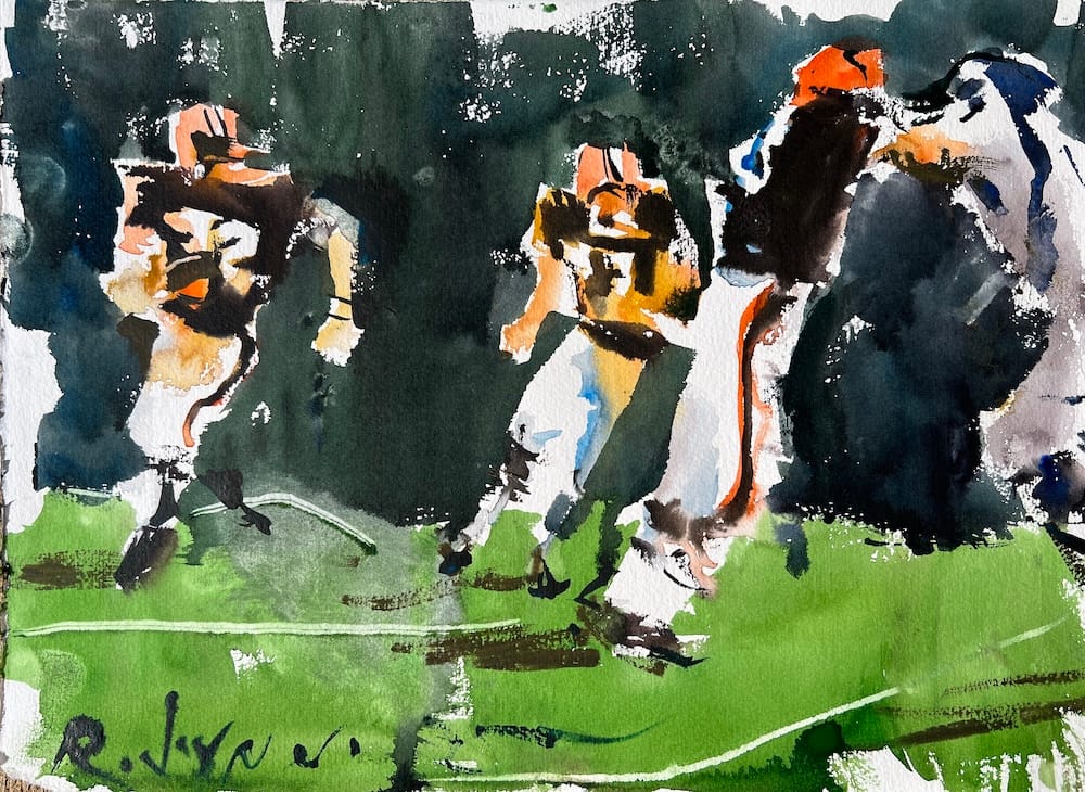 Original watercolor football paintings depicting Jim Brown and the Cleveland Browns.