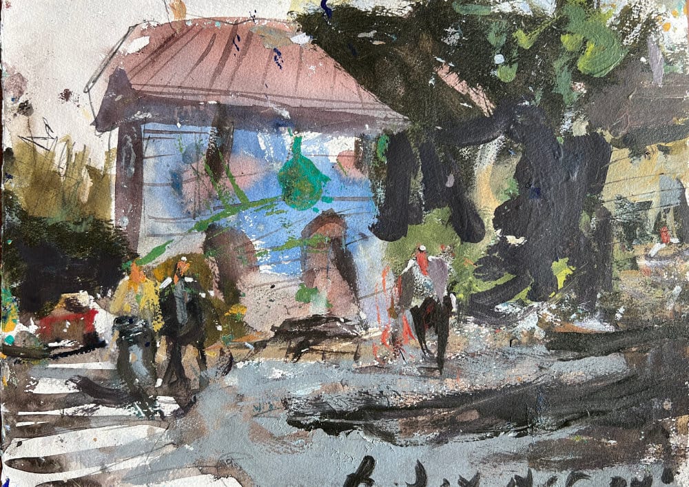 Loose abstract landscape created with watercolor and heavy-body acrylics, featuring a blue house, figures in a crosswalk, and expressive mixed-media textures.