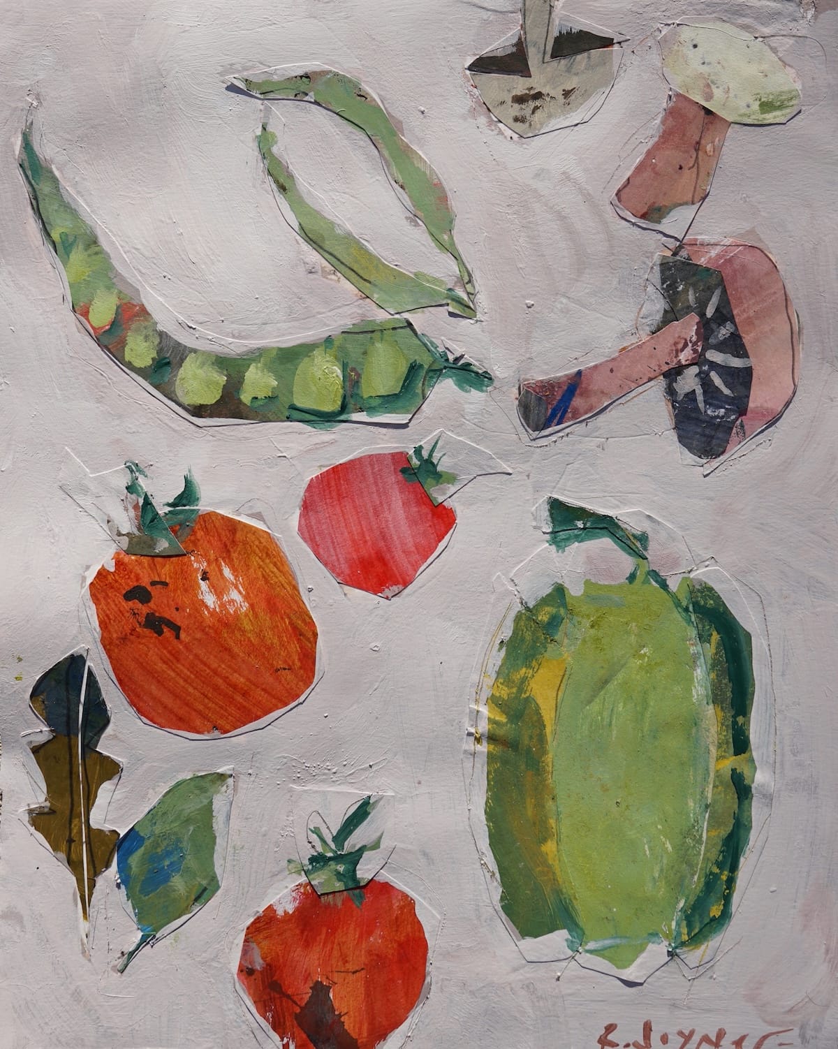 Loose mixed-media collage of fruits and vegetables made with cut paper and acrylic paint, beginner friendly project.