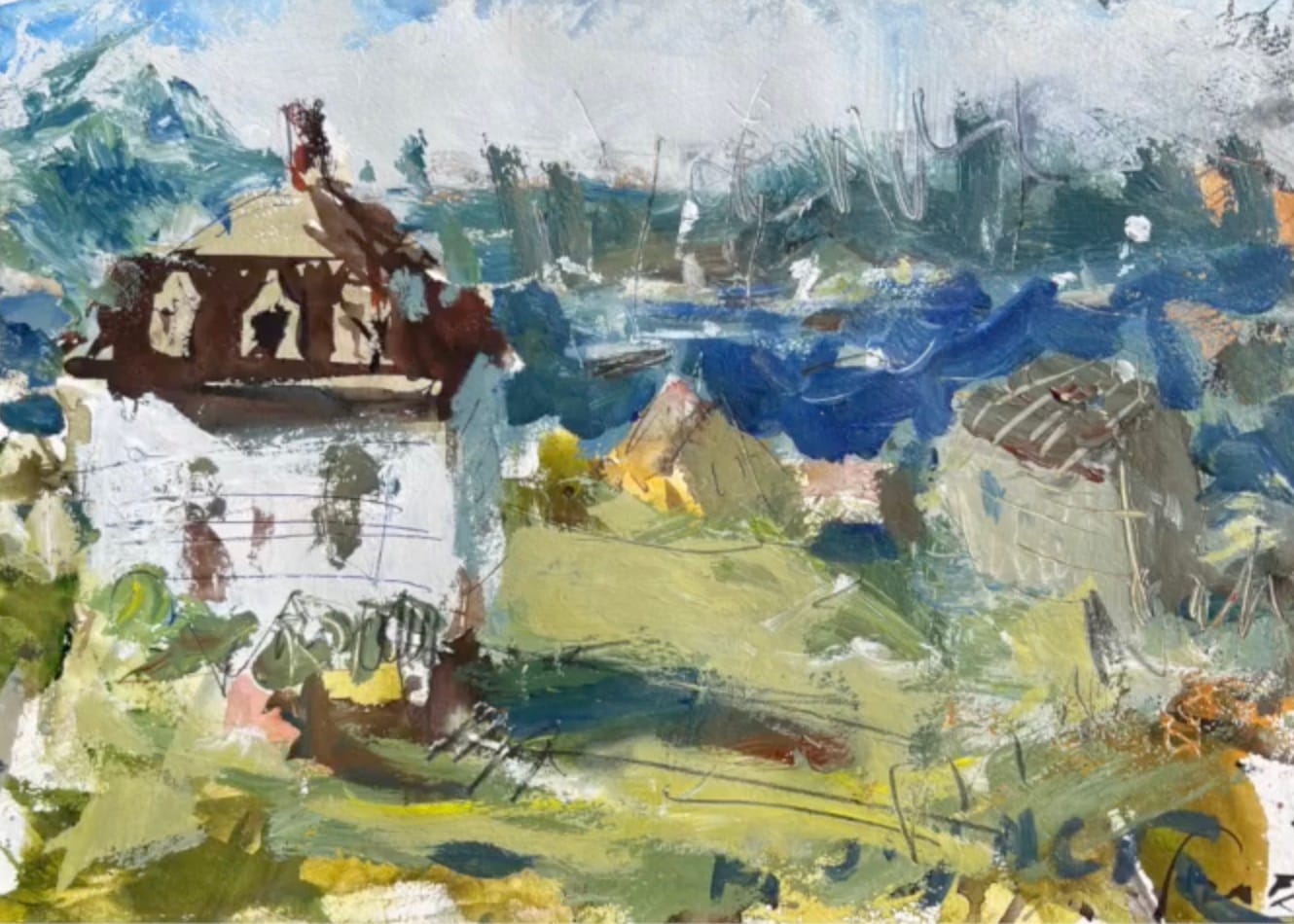 Loose painterly coastal scene painted with watercolor and acrylics on archival paper, featuring a small white house, distant hills, and abstract boats