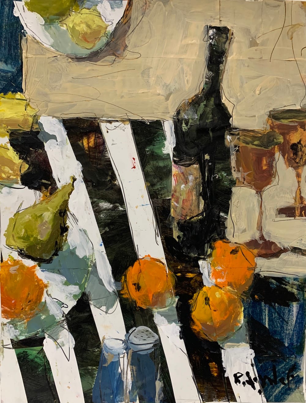 Loose mixed-media still life featuring wine bottle, oranges, pears, and bold collage stripes created with acrylic paint and handmade papers.