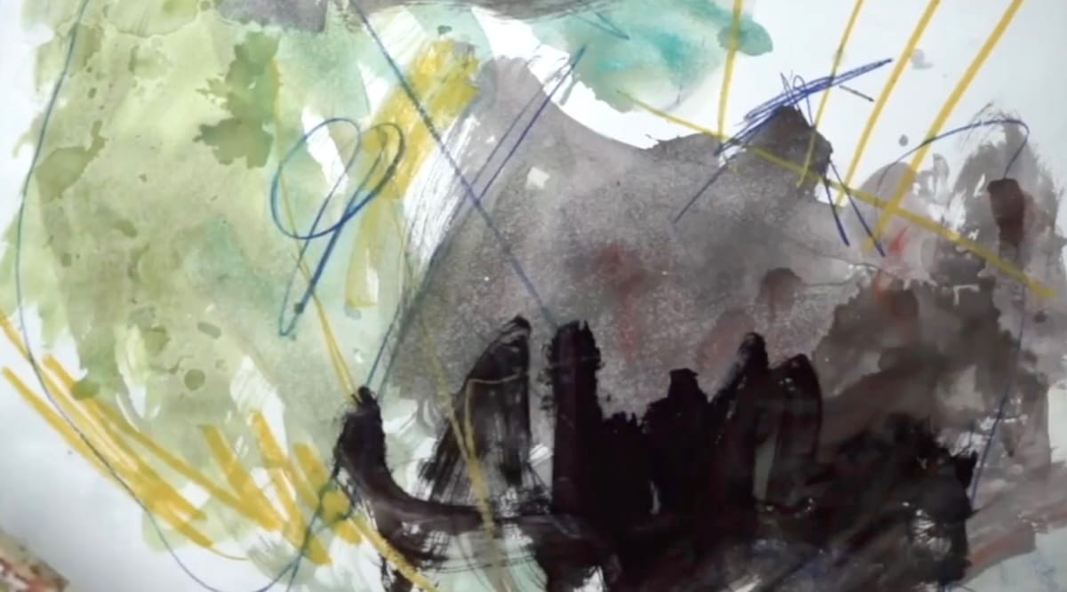 Expressive collage paper made with watercolor stains, loose brushwork, and crayon marks on scrap drawing paper