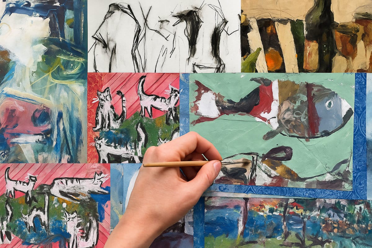 Collage of mixed media paintings including expressive drawing, collage borders, acrylic and watercolor layers, and negative space designs.