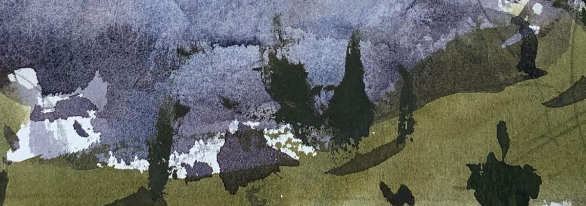 Watercolor painting in soft expressive style with brushes and paint palette, representing beginner tutorials and courses in watercolor