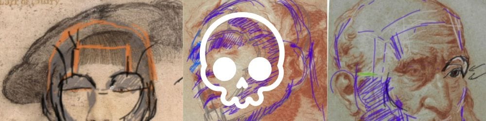 Learning from the Masters hero image with master's drawings background and skull symbol