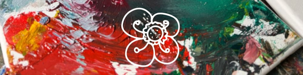 Mixed media floral still life with light blue vase and red flowers framed by deep purple collage border