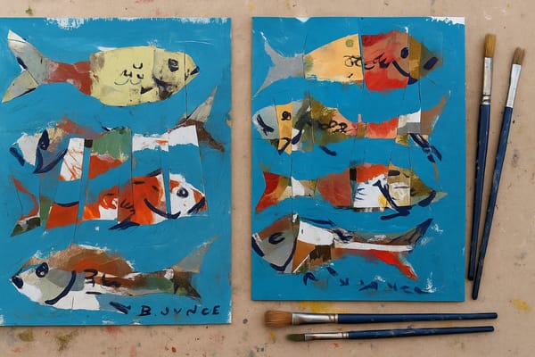 Artist holding two finished mixed media fish paintings with collage backgrounds.