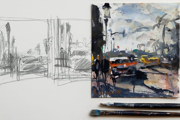 Art table with mixed media cityscape painting in progress alongside brushes and collage paper.