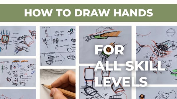 Hand drawing tutorial showing step-by-step construction from basic shapes to detailed fingers and thumb, demonstrating proper fundamentals for beginners