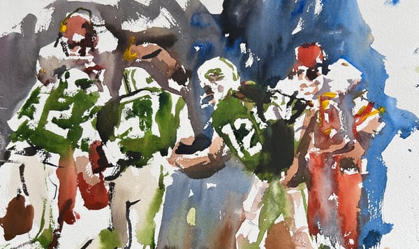 Collection of New York Jets football paintings displayed together, various mediums