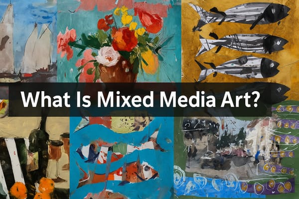 Colorful collage of mixed media paintings including sailboats, florals, abstract cats, and still life compositions, used as hero image for mixed media collage painting techniques page.