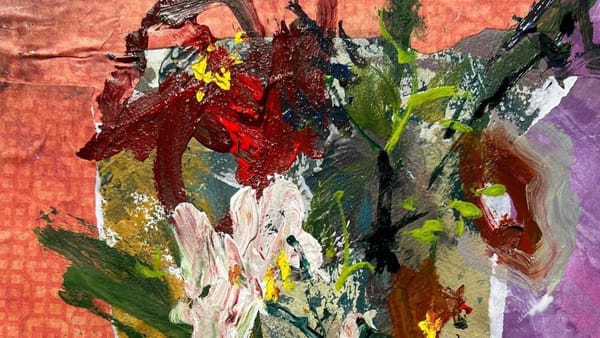 Mixed media flower painting with colorful collage border on Bristol paper.