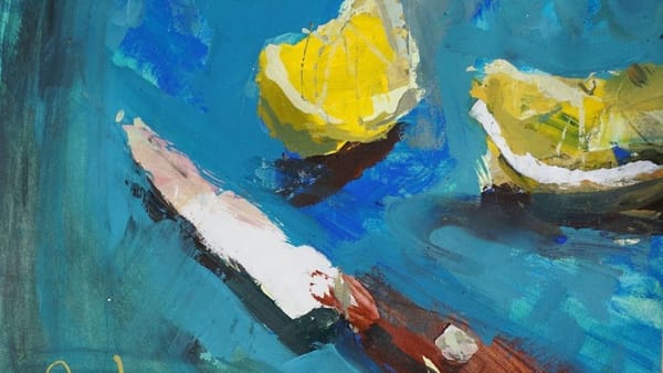 Expressive still life painting created with acrylic ink, watercolor, and collage featuring lemons and a knife on a bold blue and green background.