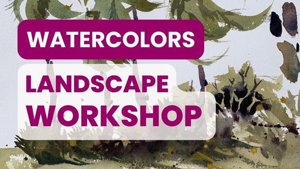Loose watercolor landscape painting workshop teaching skies, trees, grass, and rocks for beginners and experienced artists