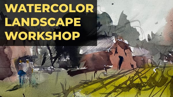 Loose watercolor landscape painting workshop teaching skies, trees, grass, and rocks for beginners and experienced artists