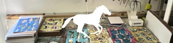 Creating loose, expressive Mixed Media Paintings with Horses - hero image with studio background pic and running horse symbol