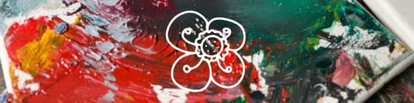 Mixed media floral still life with light blue vase and red flowers framed by deep purple collage border