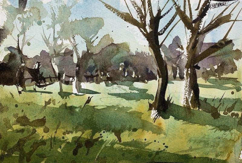 Simple beginner watercolor landscape ideas with trees