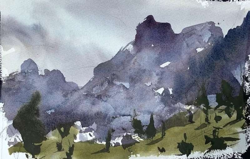 Easy watercolor landscape ideas with mountain